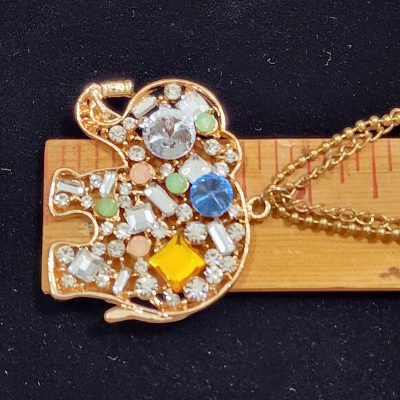 Crystal Embellished Elephant Gold Tone Double Chain 15" Drop Pendant Necklace - Picture 11 of 16